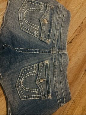 True Religion Light Blue Denim Shorts with Beautiful White Stitching and Jewls
